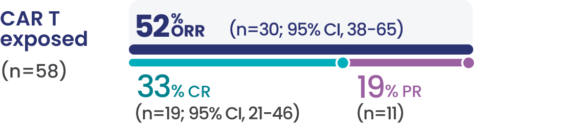 CAR T exposed patients (n=58) had a 52% overall response rate (n=30; 95% CI, 38-65), 33% had a complete response (n=19; 95% CI, 21-45), and 19% had a partial response (n=11).