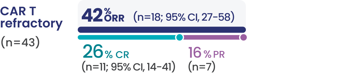 CAR T refractory patients (n=43) had a 42% overall response rate (n=18; 95% CI, 27-58), 26% had a complete response (n=11; 95% CI, 14-41), and 16% had a partial response (n=7).