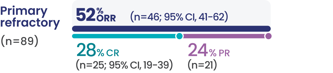 Primary refractory patients (n=89) had a 52% overall response rate (n=46; 95% CI, 41-62), 28% had a complete response (n=25; 95% CI, 19-39), and 24% had a partial response (n=21).