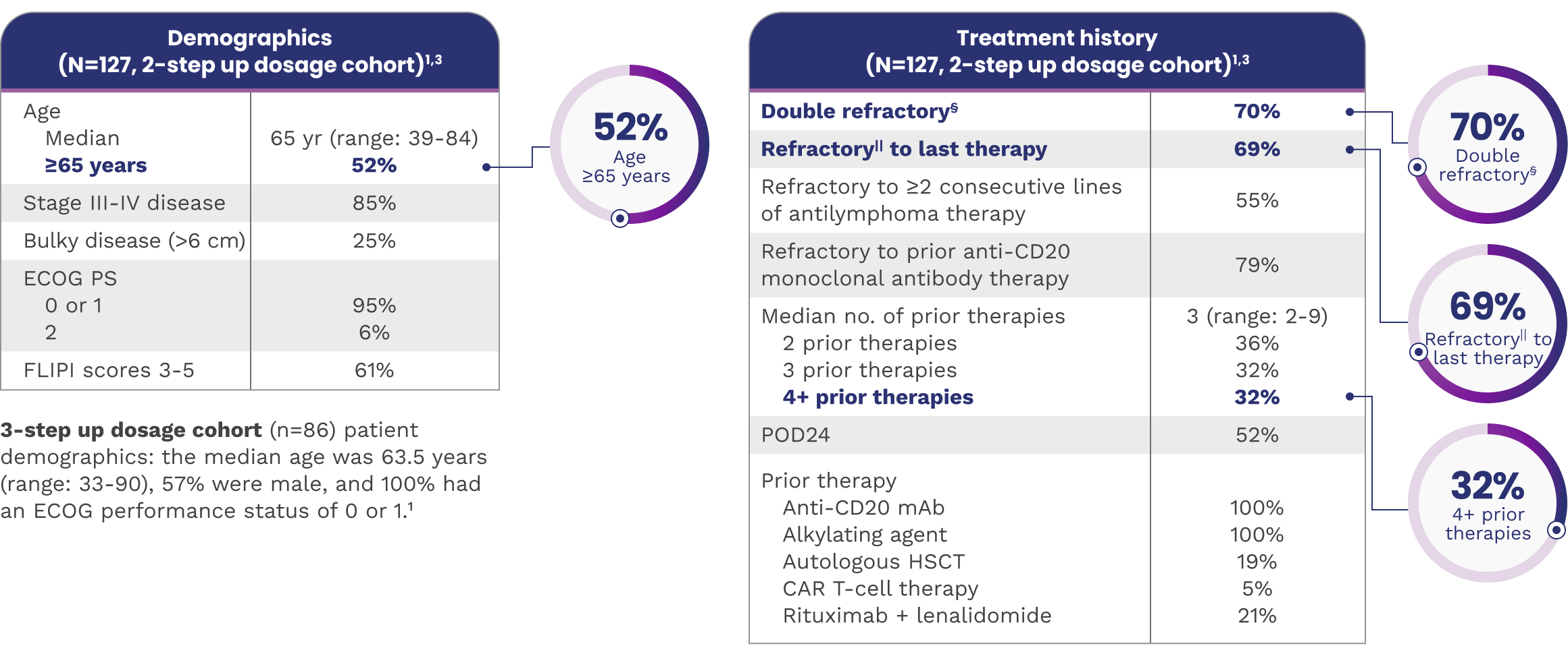 In the 2-step up dosage schedule cohort (n equals 127), patient demographics were stratified by age, stage of disease, bulky disease, ECOG performance status, and FLIPI scores. Treatment history was stratified by double refractory, refractory to last therapy, refractory to more or equal to 2 consecutive lines of antilymphoma therapy, refractory to prior anti-CD20 monoclonal antibody therapy, median number of prior therapies, progression of disease within 24 months, and prior therapy. In the 3-step up dosage schedule cohort (n equals 86), patient demographics were stratified by median age, gender, and ECOG performance status.